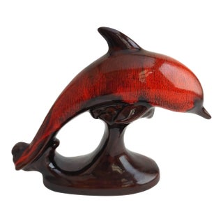 Vintage Evangeline RedWare Pottery Dolphin Orange Drip Glaze Figurine For Sale