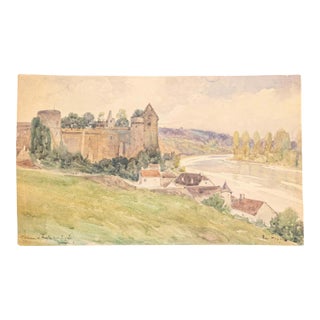 Mid 20th Century French Watercolor on Paper Painting of a Medieval Château along the Vienne River For Sale