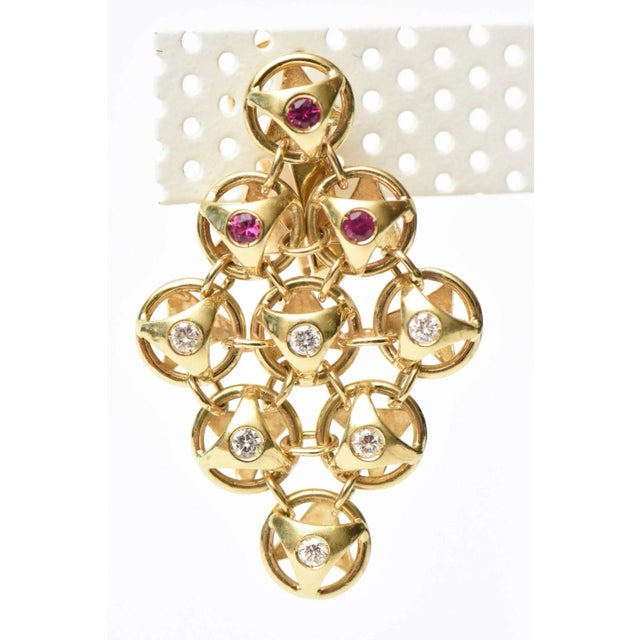 French 18 Karat Gold, Ruby and Diamond Chandelier Lever Back Pierced Earrings - 2 Pieces For Sale - Image 11 of 12