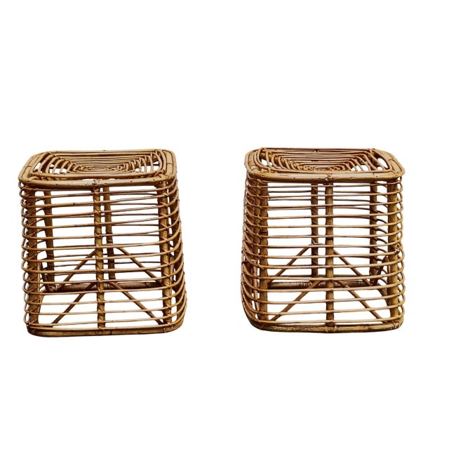 1960s Square Rattan and Bamboo Stools by Tito Agnoli, Italy, 1960s, Set of 2 For Sale - Image 5 of 7