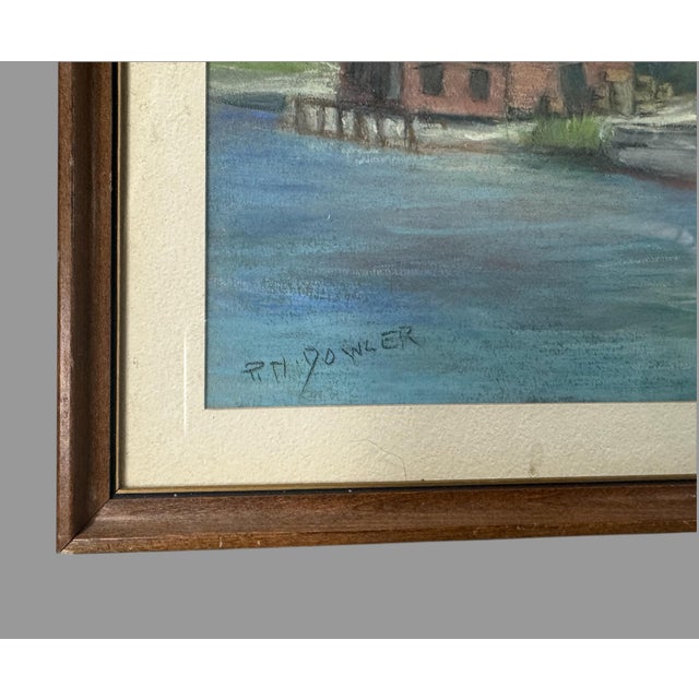 Vintage Rustic Riverside Landscape Framed Pastel Watercolor Painting With Boat For Sale - Image 4 of 6