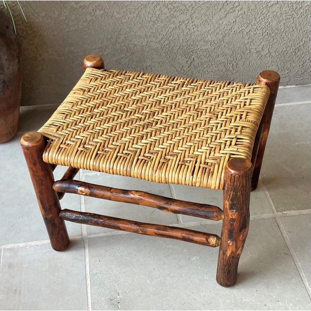 Burnt Umber Rustic Chic Mid 20th-Century Hickory Wood & Handwoven Double Twill Plaited Cane Bench For Sale - Image 8 of 18