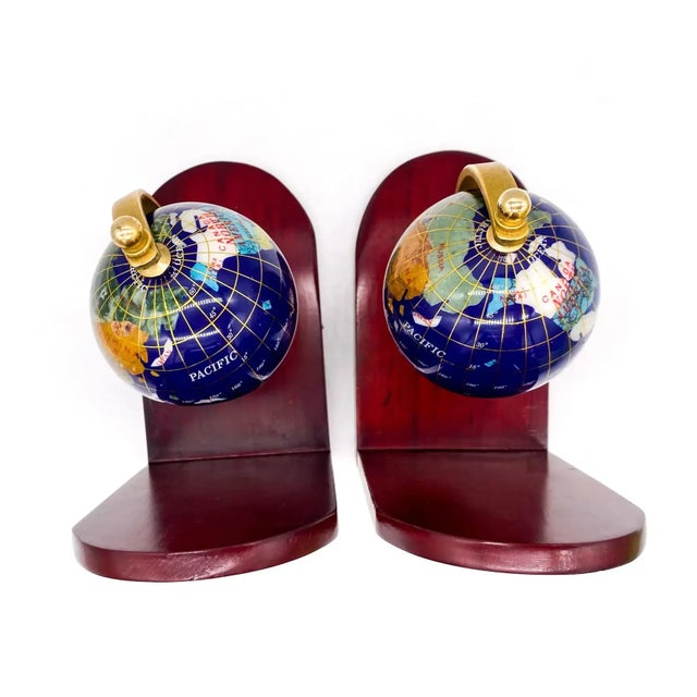 Vintage Semi-Precious Stone Globes on Wood Bookends- A Pair For Sale - Image 9 of 10