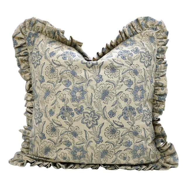 Boho Floral Block Print Frill Pillow Cover Handmade Artisan Decorative Throw 14x36 Inch Jarul For Sale