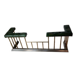 Vintage English Steel and Brass Fireplace Fender With Green Leather Tufted Seat For Sale