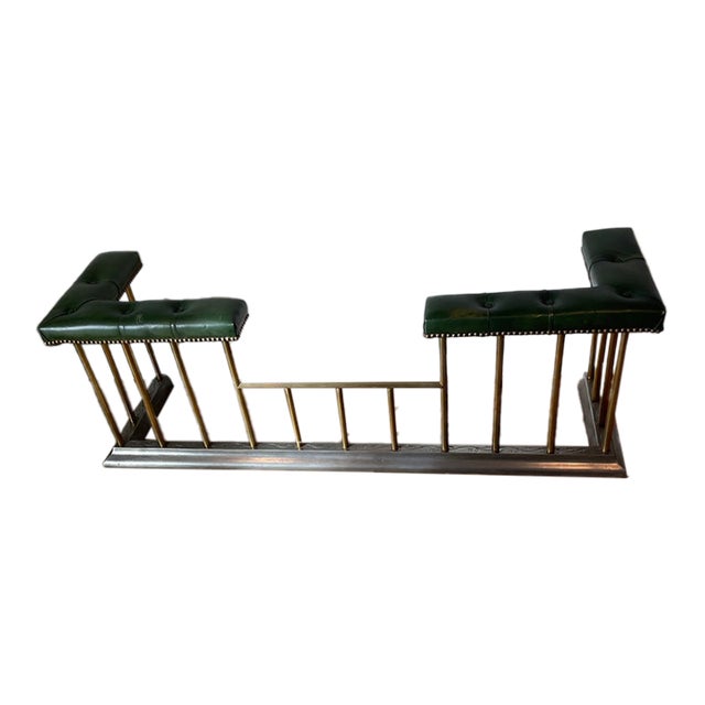 Vintage English Steel and Brass Fireplace Fender With Green Leather Tufted Seat For Sale