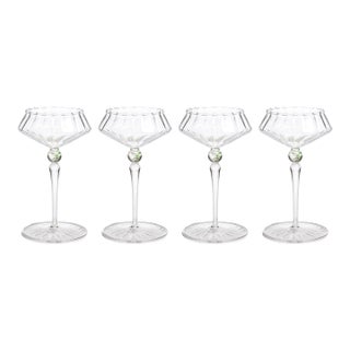 Ondine 4-Piece Set Fluted Coupe Glasses, Clear with Sea Green Accent For Sale