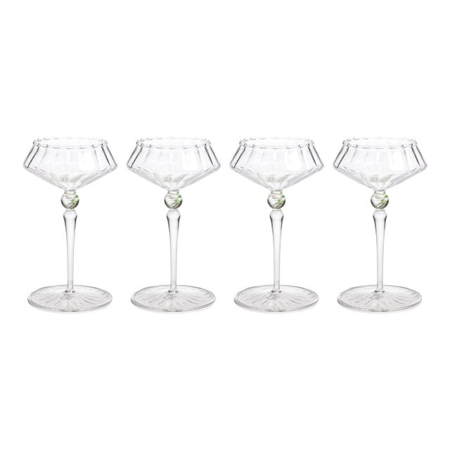 Ondine 4-Piece Set Fluted Coupe Glasses, Clear with Sea Green Accent For Sale