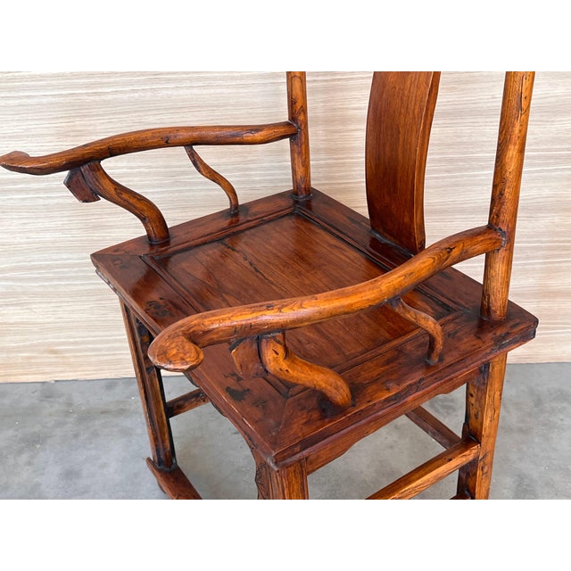 Chinese Ming Style Carved Wood High Back Black Throne ArmChairs. The pieces are complementary with different sizes for...