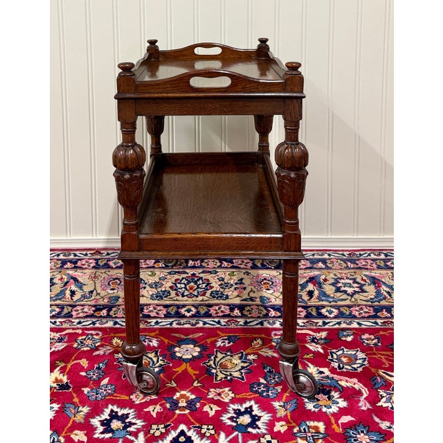 Antique English Trolley Tea Cart Pastry Cocktail Bar Cart Tray Tudor Oak 1930s 2 For Sale - Image 15 of 18