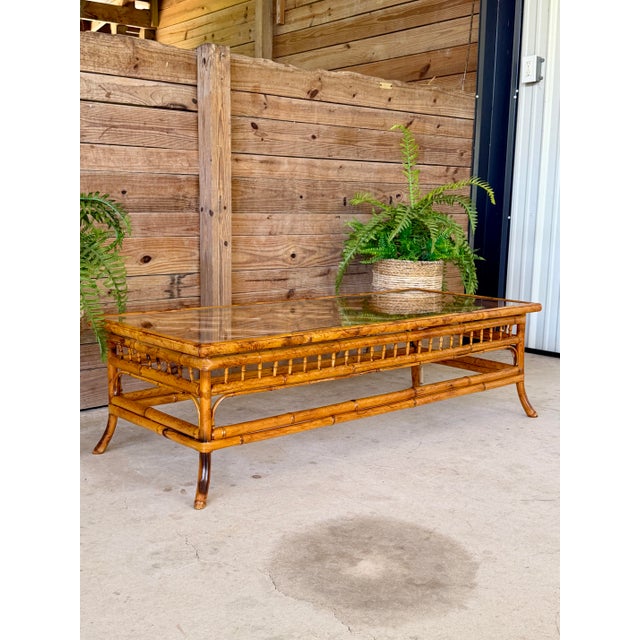 Vintage Brighton Pavilion Style Bamboo Coffee Table With Glass Top For Sale - Image 12 of 12