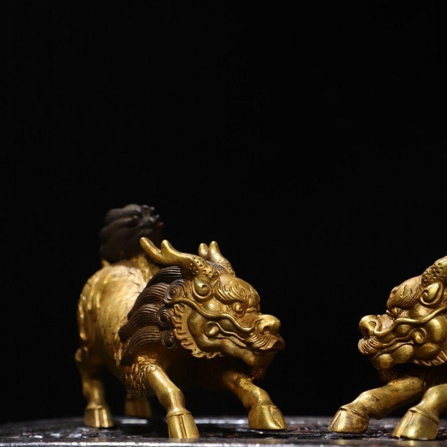 Traditional Pair of Antique Gilt Bronze Qilin Statues, Mythical Beast Figures, 2.3kg For Sale - Image 3 of 9