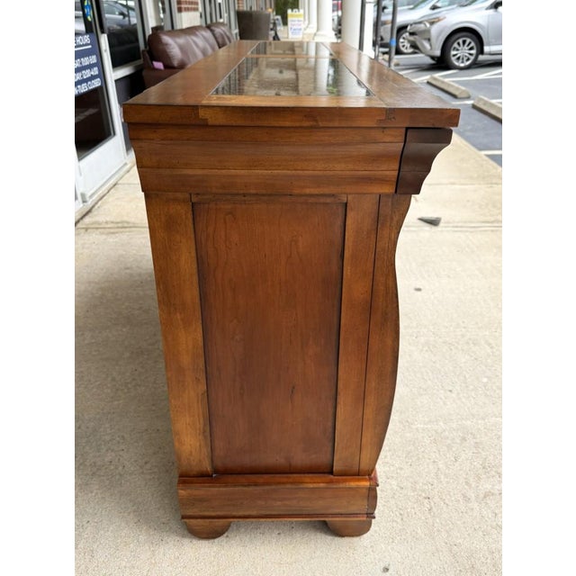 Brown Traditional Wood Buffet With Stone-Inset Top and Wine Storage For Sale - Image 8 of 17