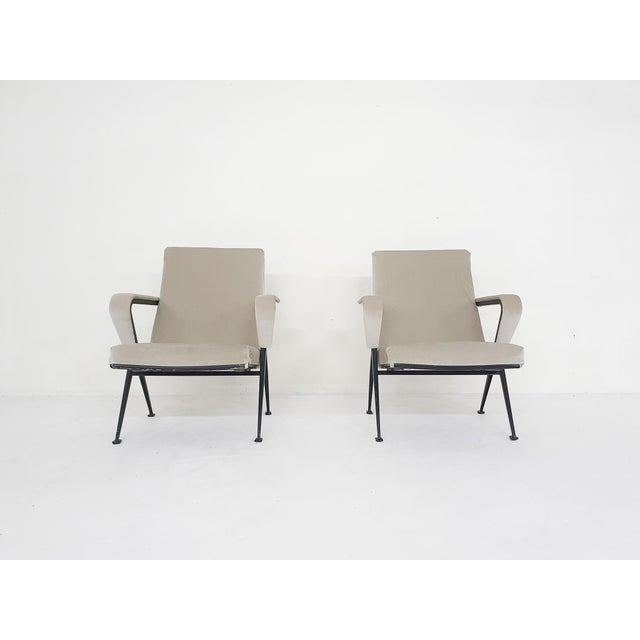 Black metal lounge chairs with new beige velvet upholstery. Designed by the Dutch Designer Friso Kramer for Ahrend de...