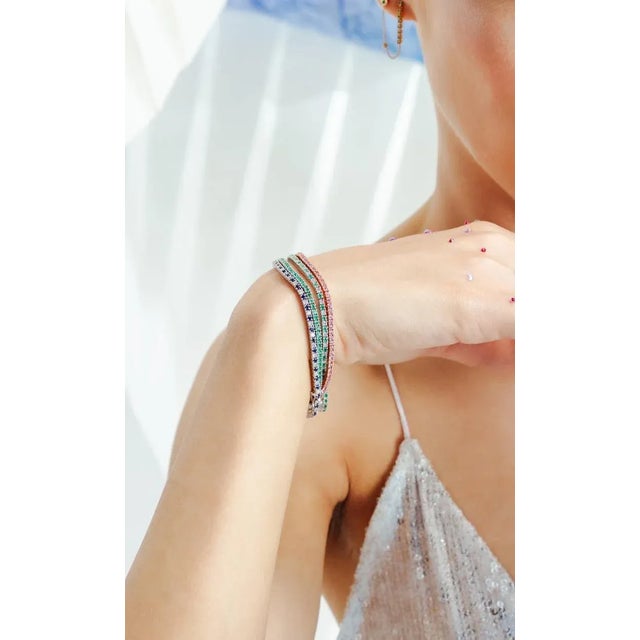 Metal Solid 18k White Gold Natural Round-Cut Emerald and Diamond Line Bracelet For Sale - Image 7 of 9