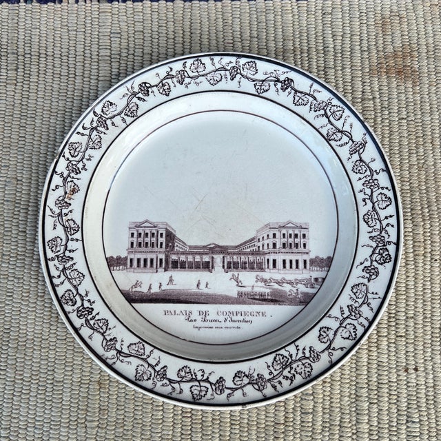 A Antique French Creamware Plate With Black Transfer Decoration, "Palais De Compiegne", Circa 1800 Made in France, circa...