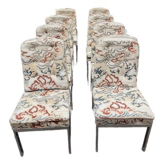 Cream, Blue & Red Set of 8 Attributed to Milo Baughman Chrome MCM Dining Chairs For Sale
