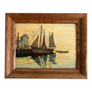 Vintage Painting of a Sailboat in Harbor For Sale