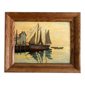 Vintage Painting of a Sailboat in Harbor