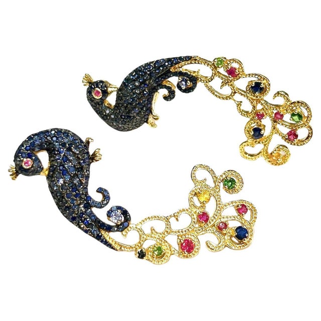 Bochic "Orient" Vintage Sapphire & Multi Gem Peacock Earrings 18K Gold & Silver For Sale - Image 10 of 18