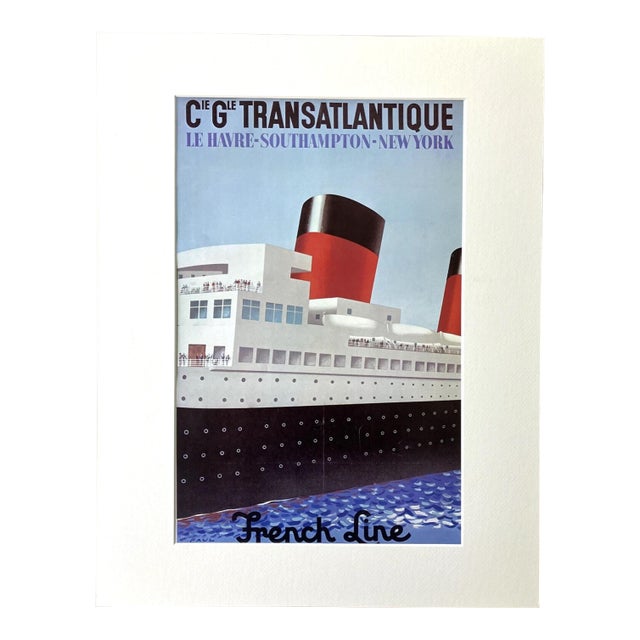 Vintage Paul Colin Print of "French Line" Travel Poster in 14x18 Mat For Sale