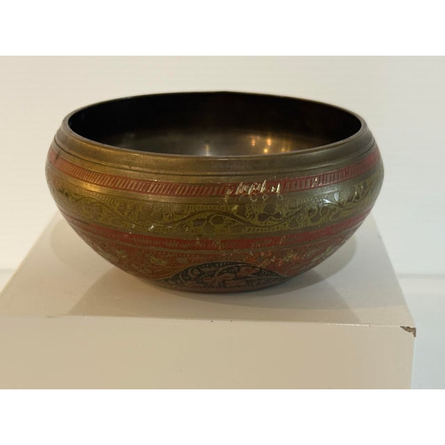 Metal Vintage Hand-Etched Indian Brass & Enamel Decorative Bowl For Sale - Image 7 of 11