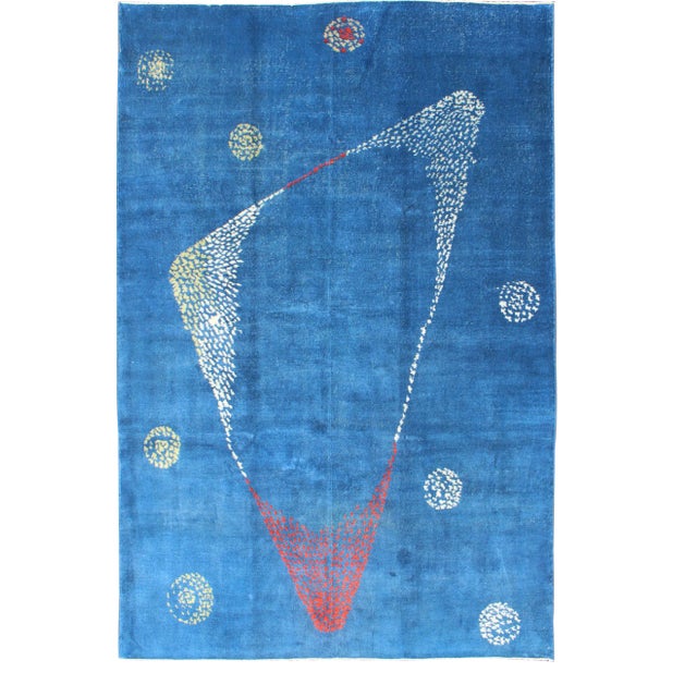 Mid-Century Modern Rug With Modern Design in Medium Blue, Sapphire Blue Color For Sale