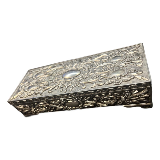 Vintage 1992 Godinger Silver-Plated Ornate Repoussé Jewelry Box With Red Interior For Sale
