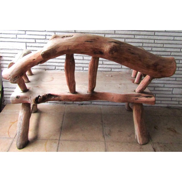 Vintage Outdoor Rustic Teak Log Bench With Log Back and Arms | Chairish