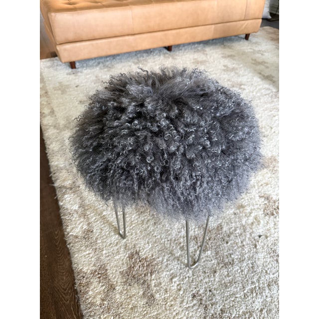 CB2 Genuine Grey Mongolian Lambs Wool Stool on Silver Hairpin Legs For Sale - Image 4 of 6