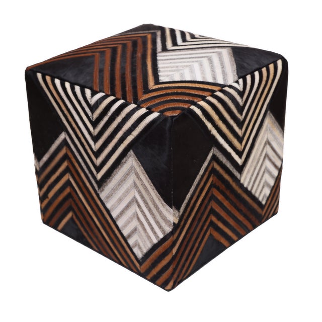 Dark Gray Handmade Chevron Cowhide Leather Ottoman Pouf 18x18x18 in Graphic Statement For Sale - Image 8 of 12