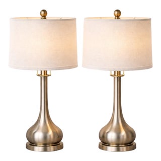 Mid 20th Century Sculptural Neoclassical Brushed Nickel Table Lamps With Linen Shades - a Pair For Sale