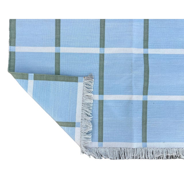 Casa Cosima Handmade Cotton Natural Vegetable Dyed Sky Blue, Cream & Sage Green Windowpane Rug - 12'x15' For Sale - Image 4 of 10