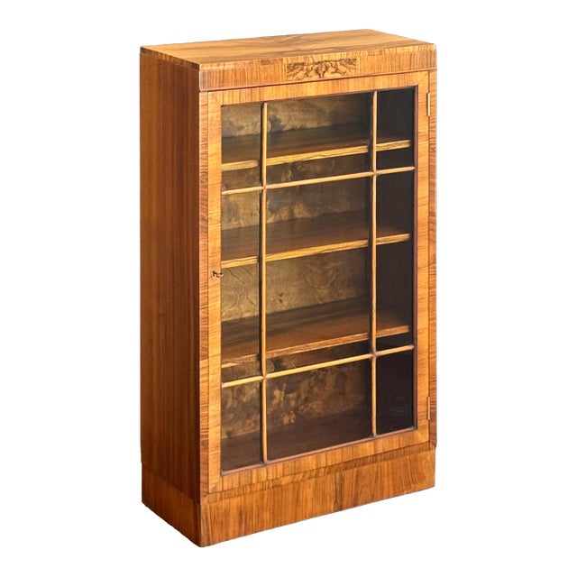 Art Deco Bookcase or Display Cabinet of Burr Walnut With Paneled Glass Door For Sale