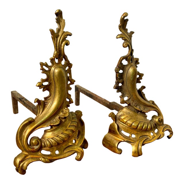 19th C. French Rococo Brass Andirons – A Pair – Gilded Age / European Antique For Sale