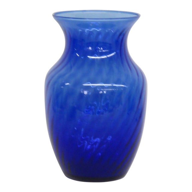 Indiana Glass Style Cobalt Blue Optic Swirl Hand Blown Vase For Sale