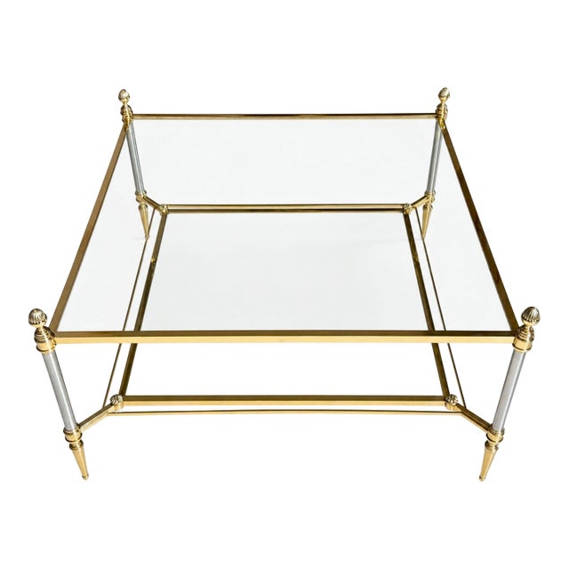 Mid-Century Maison Jansen Brass and Brushed Chrome Two-Tier Coffee Table, France, Circa 1940 For Sale