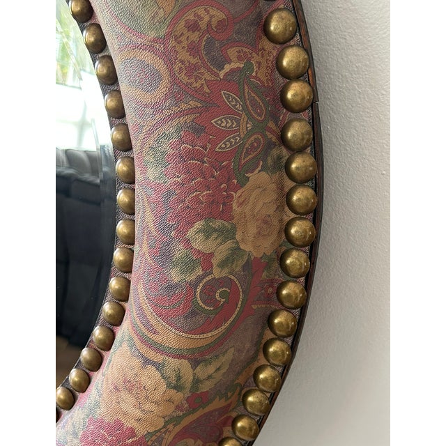 Late 20th Century Round Paisley-Covered Mirror With Brass Nailhead Trim, 36" For Sale - Image 4 of 6