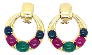 Late 20th Century Pair of 18k Yellow Gold Seaman Schepps Sapphire, Ruby and Emerald Pendant Hoop Earrings - 2 Pieces