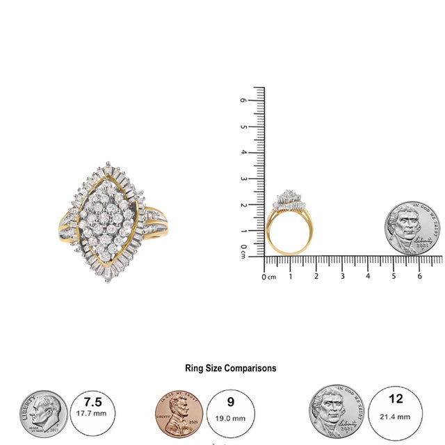 10K Yellow Gold 1.0 Cttw Round and Baguette-Cut Diamond Cluster Ring, Size 7 For Sale In New York - Image 6 of 6