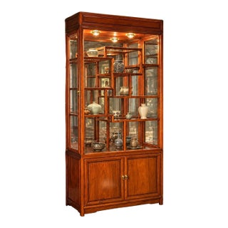 Lighted Asian- Or Chinoiserie- Style Display Cabinet With Geometric Shelves For Sale