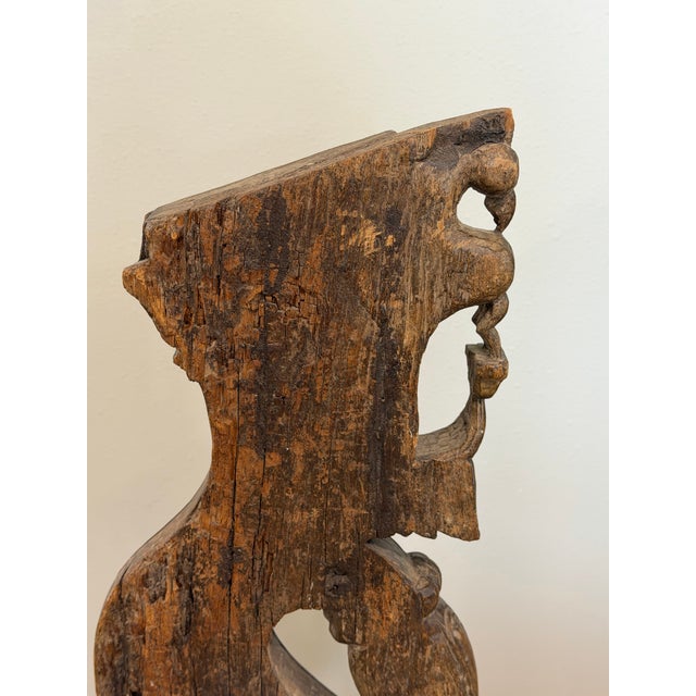 Brown Vintage Indian Carved Wood Architectural Fragment on Iron Candle Stand For Sale - Image 8 of 12