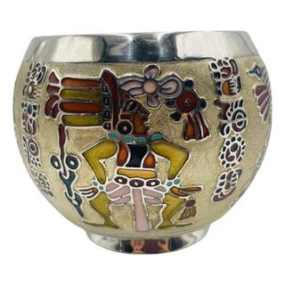 1960s Miguel Pineda Silver-Plated Enamel Bowl With Mayan Motifs, Taxco Mexico For Sale