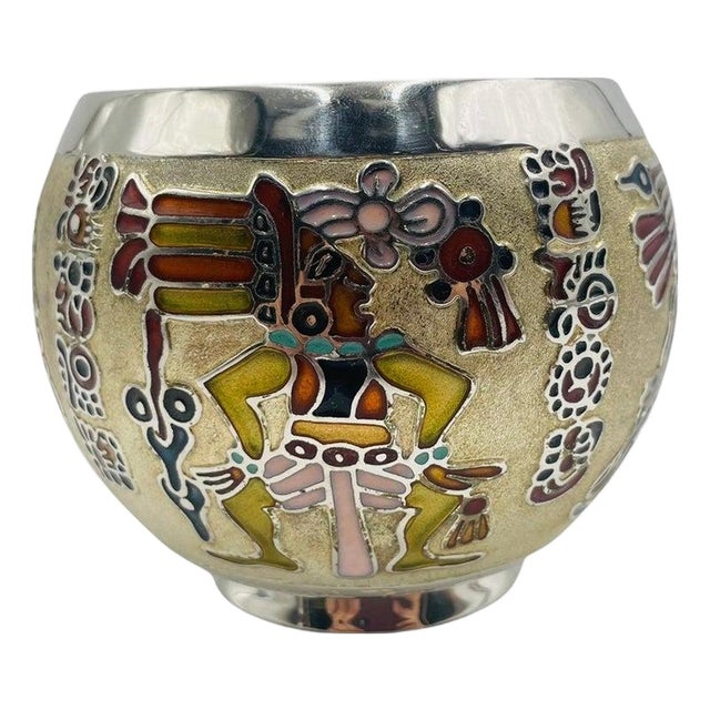 1960s Miguel Pineda Silver-Plated Enamel Bowl With Mayan Motifs, Taxco Mexico For Sale