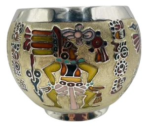 1960s Miguel Pineda Silver-Plated Enamel Bowl With Mayan Motifs, Taxco Mexico