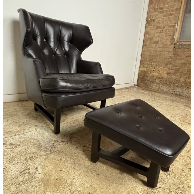 1950s 1950s Black Wing Back Chair & Ottoman Attributed to Edward Wormley for Dunbar Janus For Sale - Image 5 of 12