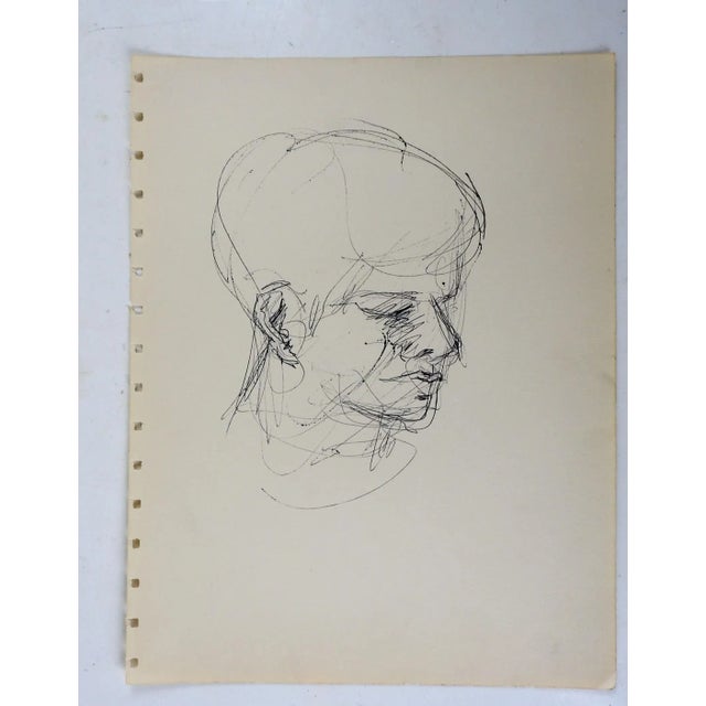 Vintage mid 20th century pen and ink on paper portrait study drawing. Unsigned. Unframed, age toning sketchbook...