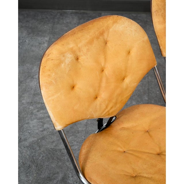 1960s Mid Century Danish Modern Dining Chairs Set 5 Tan Leather Attributed to Sam Larsson Dux Metal For Sale - Image 9 of 12