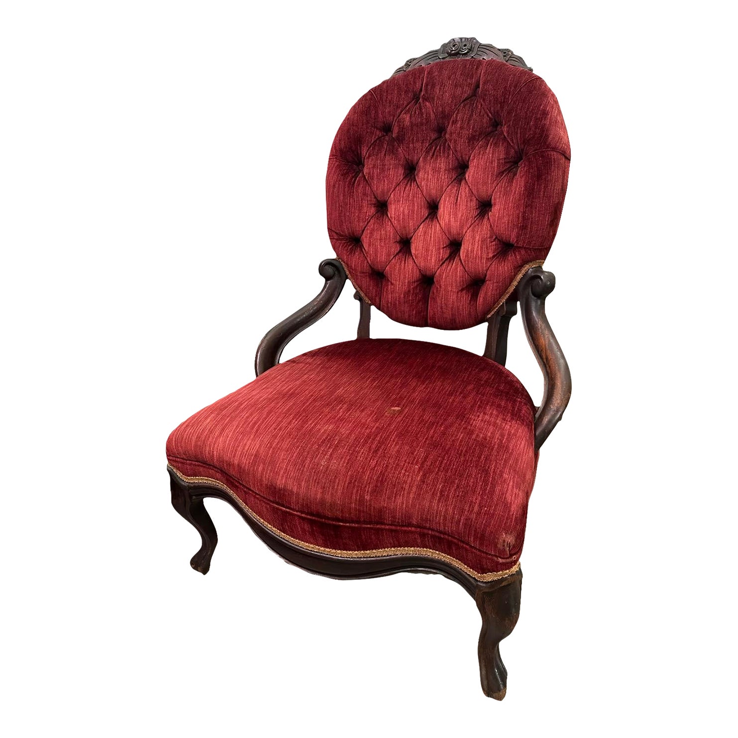 1960s Vintage Oversized French Victorian Red Velvet Slipper Chair