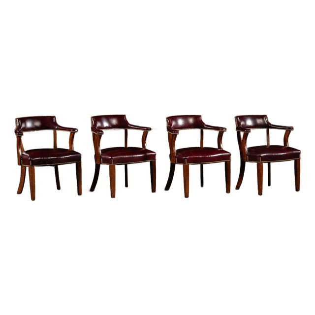 Vintage Set of Four Nailhead Trim Barrel-Back Leather Armchairs in Oxblood For Sale